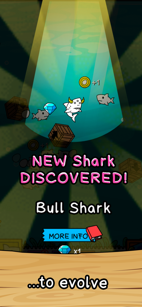 Shark Evolution - Clicker Game - A screen from the Shark Evolution clicker game showing the discovery of a new Bull Shark with multiple eyes and horns.