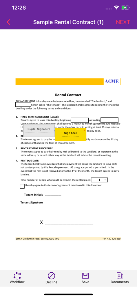 Digital signature prompt on a rental contract in the SAYEN mobile app
