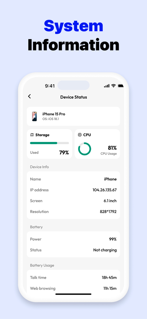 Clean Master app dashboard showing iPhone system information including storage, CPU usage, and battery status.