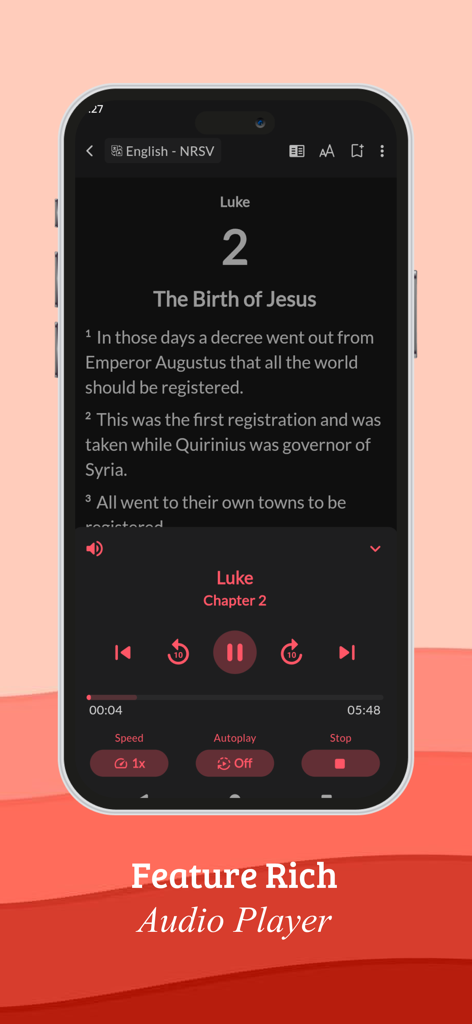BibleOn Catholic Bible + Audio - BibleOn カトリック聖書アプリのインターフェース。イエスの誕生に関するオーディオプレーヤーと聖書本文が表示されています。