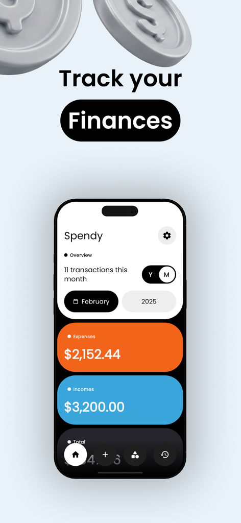 Spendy-Simple Spending Tracker - A smartphone displaying the Spendy app interface with monthly expense and income summaries