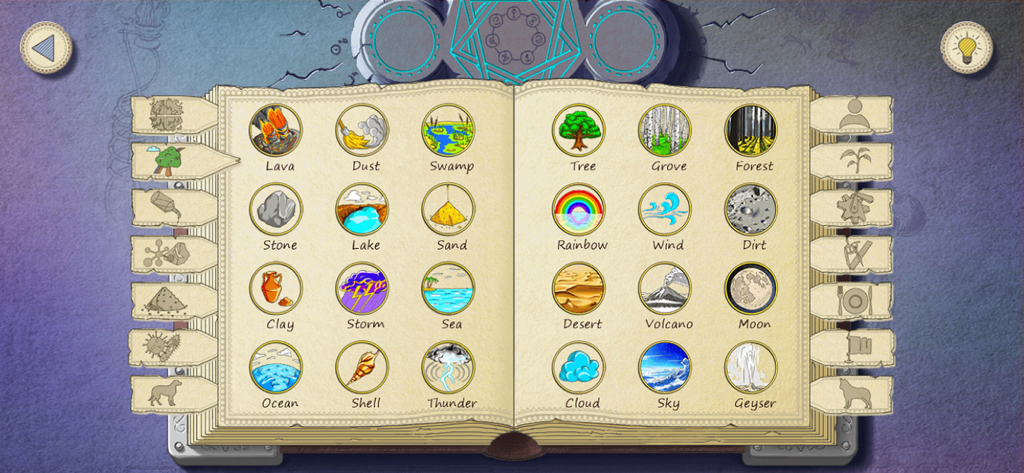 Doodle Alchemy - Doodle Alchemy game interface showing an open book with discovered elements like Lava, Rainbow, and Ocean.