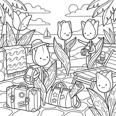 Join these delightful Greigii Tulips as they set off on an exciting vacation adventure. This charming coloring page is packed with travel essentials and sunny vibes, ready for your creative touch.