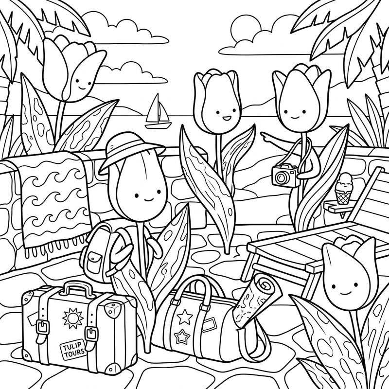 Join these delightful Greigii Tulips as they set off on an exciting vacation adventure. This charming coloring page is packed with travel essentials and sunny vibes, ready for your creative touch.