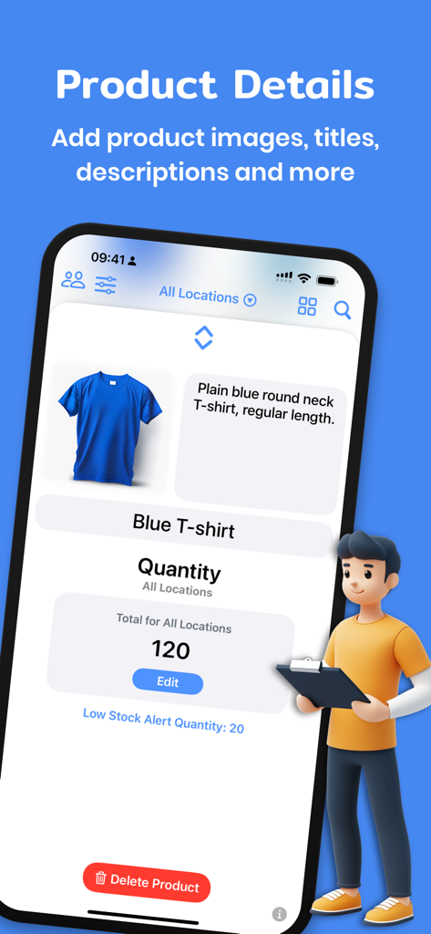 Stock Control app interface showing product details, quantity tracking, and low stock alerts