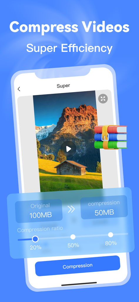 Boost AI Cleaner: PhoneStorage - Boost AI Cleaner app interface showing high-efficiency video compression from 100MB to 50MB to save phone storage.