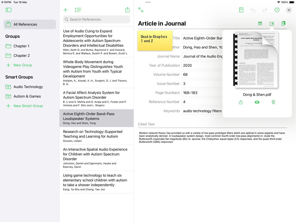 Reference Tracker - iPad interface of Reference Tracker showing detailed journal article entry and PDF attachment preview