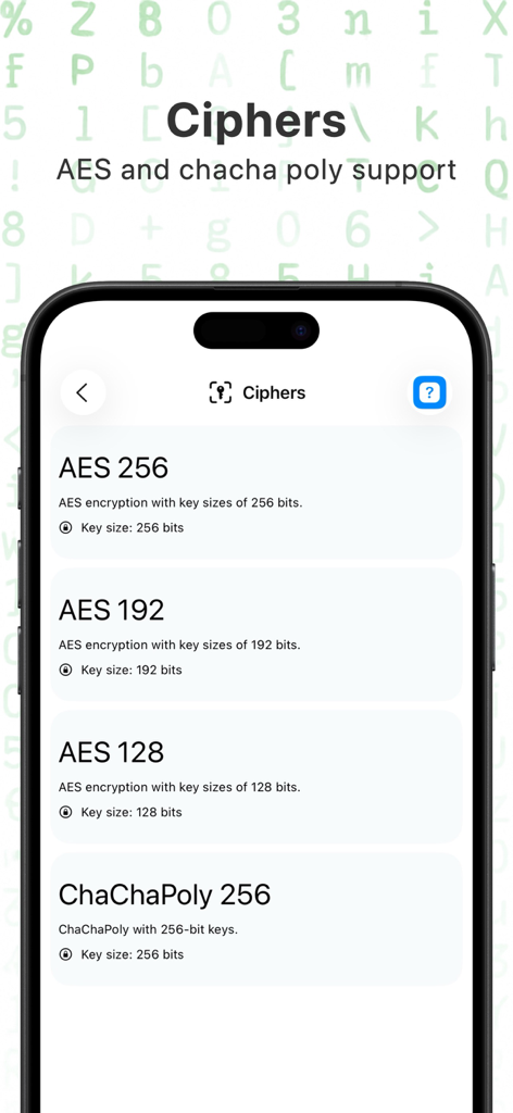 Crypto Tools (De)Encryption - Interfaz de la aplicación Crypto Tools que muestra opciones de cifrado para los algoritmos AES 256, AES 192, AES 128 y ChaChaPoly 256