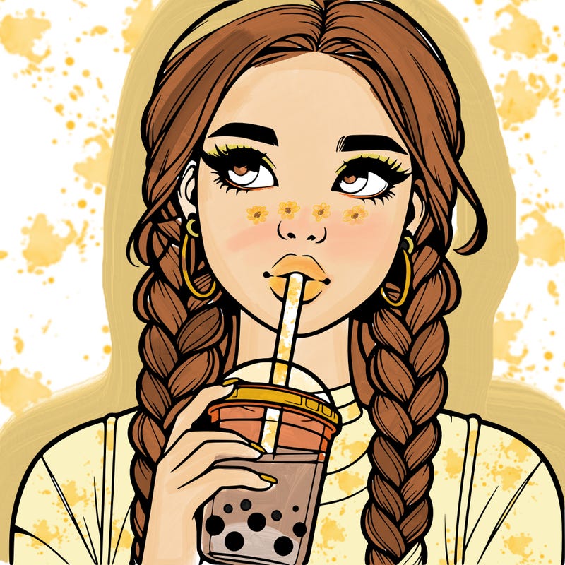 realistic girl with braided hair drinking boba