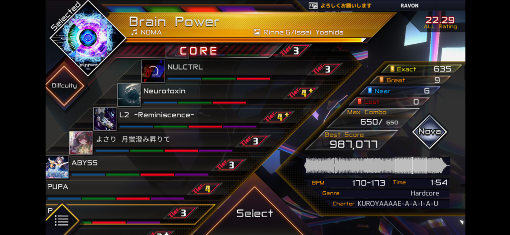 The song selection and player performance interface in the RAVON rhythm game showing music tracks and scores.