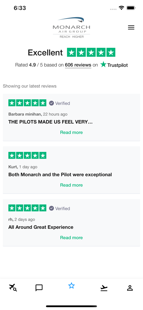 Private Jet Charter - MAG - Trustpilot customer reviews for the Monarch Air Group private jet charter app showing a 4.9 star rating