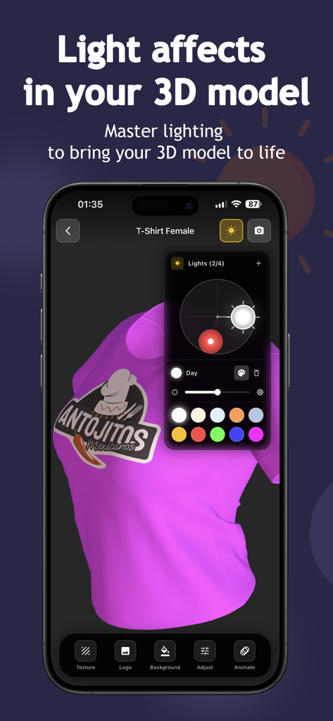 StokX:3DMockups Clothes Design - Interfaz que muestra ajustes de iluminación personalizados para una maqueta 3D de camiseta rosa