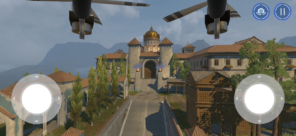 Drone Simulator Realistic UAV - Vista en primera persona de un dron volando hacia un gran castillo en un simulador 3D realista.