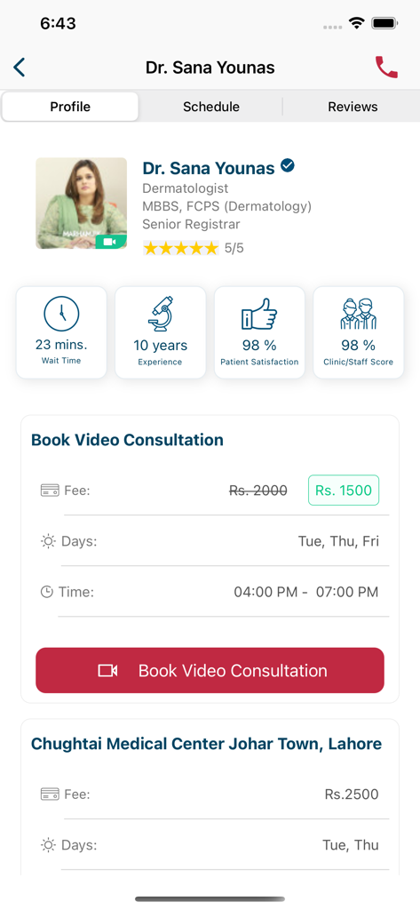 The Marham app interface showing a doctor profile with video consultation booking and patient satisfaction ratings