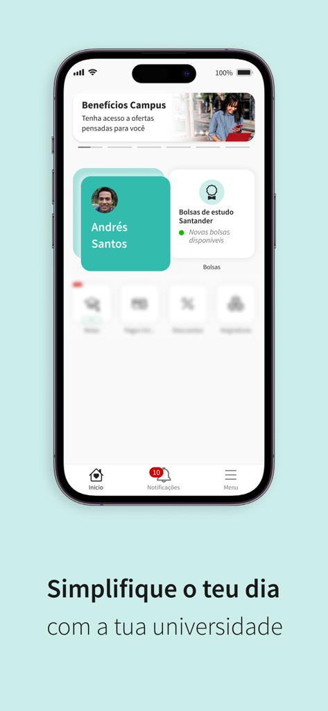 IPS Campus Digital - Smartphone screen displaying the IPS Campus Digital app dashboard with student profile and scholarships