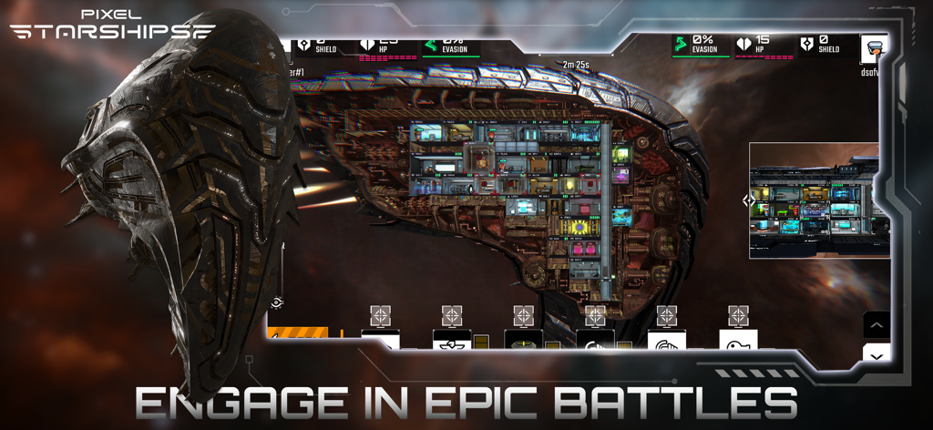 Pixel Starships 2 - Gameplay de Pixel Starships 2 montrant une vue de gestion de vaisseau spatial et des batailles spatiales épiques