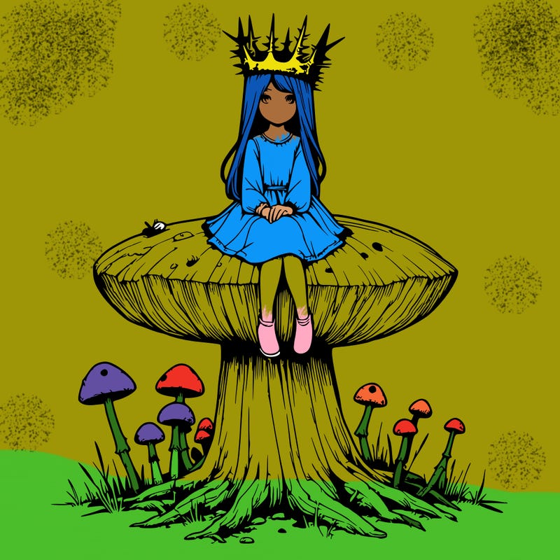 realistic girl sitting on a huge tree stump size toadstool with thorn crown