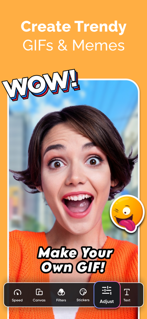 AI Art Photo Editor, GIF Maker - Interface do aplicativo AI Art Photo Editor mostrando um usuário criando um GIF personalizado com uma expressão surpresa e adesivos de meme