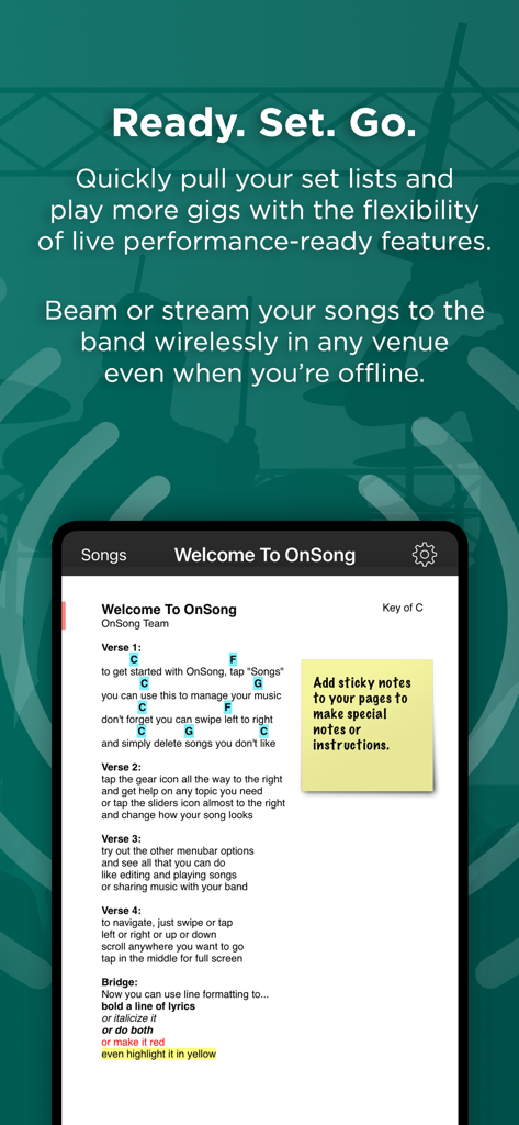 OnSong 2026 app interface showing a digital chord chart with lyrics and a virtual sticky note