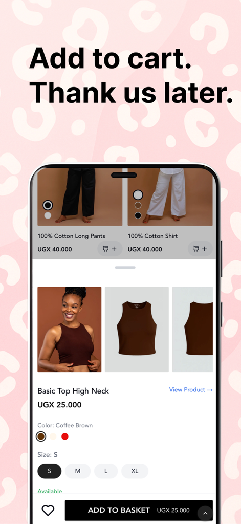 WAYA mobile app interface displaying a basic high neck top with size selection and add to basket button