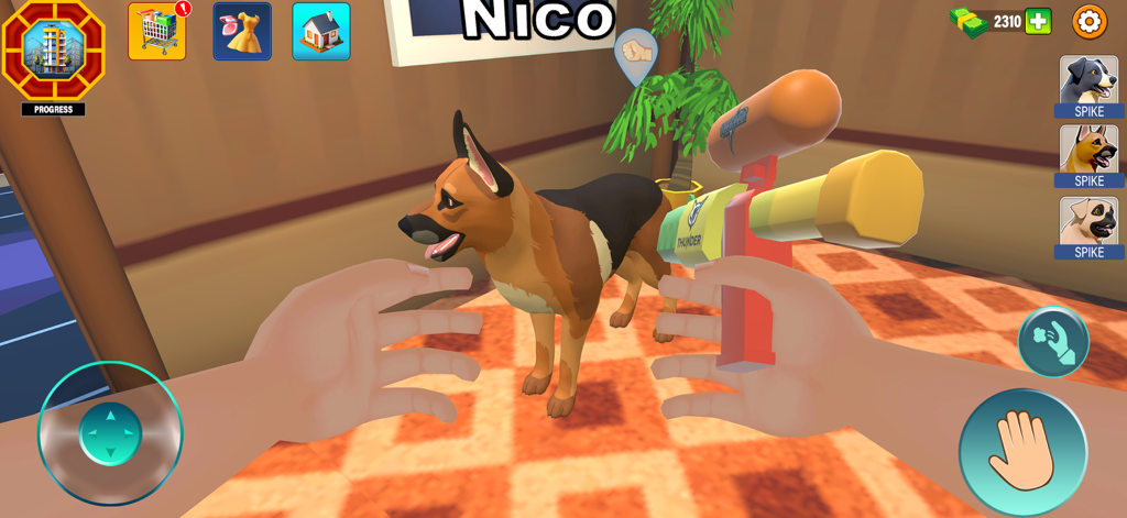 Virtual Dog Care Animal Games - First person view of a player grooming a German Shepherd dog in a virtual pet care game