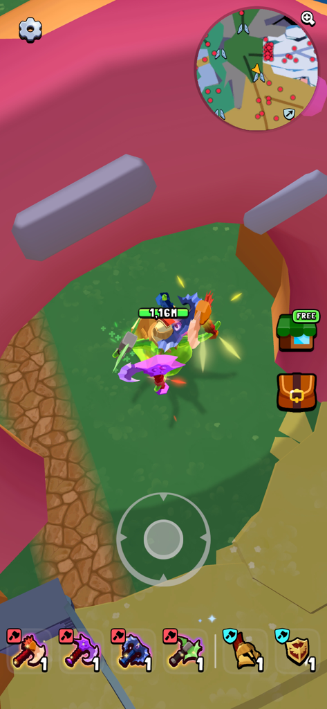 Una pantalla de juego de arriba hacia abajo de Devour Idle RPG que muestra un personaje monstruo y iconos de inventario de armas.