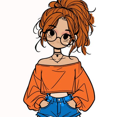 girl with a messy ponytail glasses a baggy crop top and jean shorts