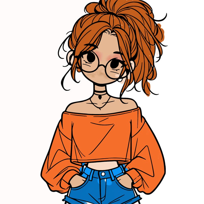 girl with a messy ponytail glasses a baggy crop top and jean shorts