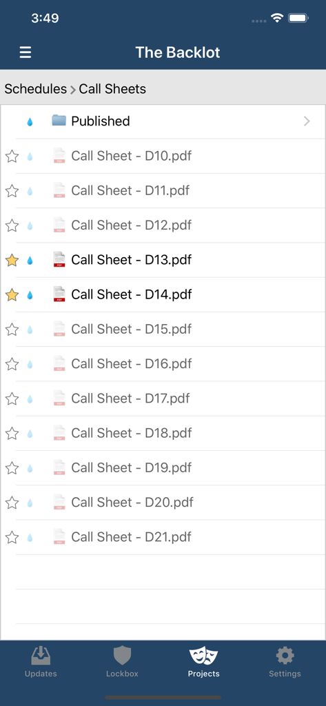 scenechronize - Mobile interface of the Scenechronize app showing a list of PDF call sheets for a film production project.