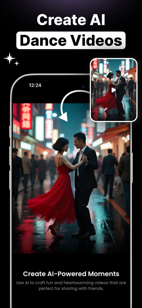 AI Dance Studio : Reelverse - App interface showing a cinematic AI generated video of a couple dancing in a city street