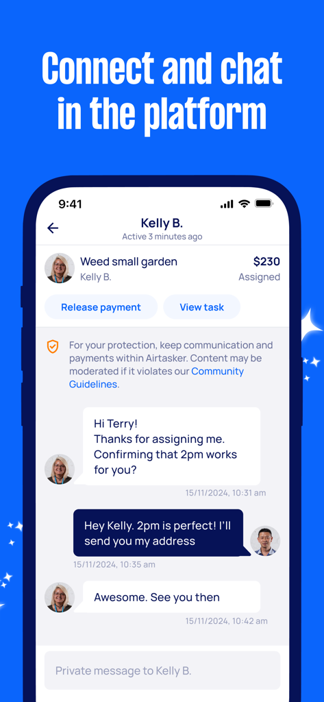 Airtasker mobile app chat interface showing a conversation between a client and a tasker for a garden weeding service.