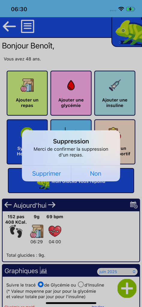 Mon Glucko - Diabète - Interface do aplicativo Mon Glucko mostrando um painel com estatísticas de saúde e um pop-up de confirmação de exclusão de refeição