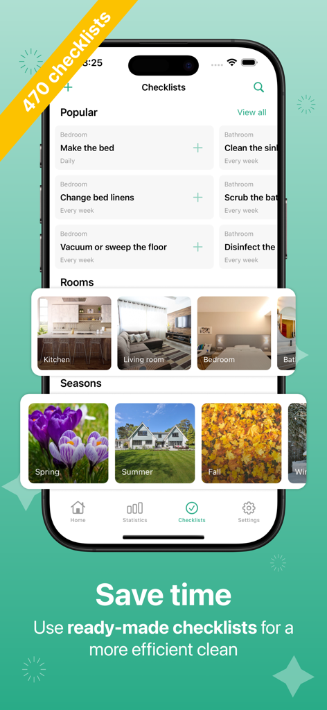 Daily cleaning routines - 時間を節約するために、さまざまな部屋や季節向けの既製のチェックリストを表示する掃除アプリのインターフェイス。