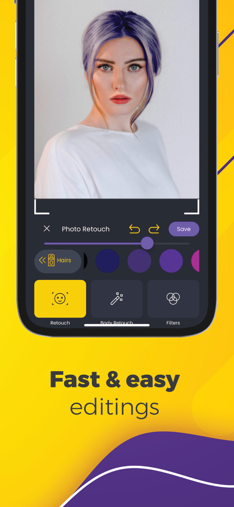 Interfaccia dell'app Body Editor che mostra gli strumenti di modifica del colore dei capelli