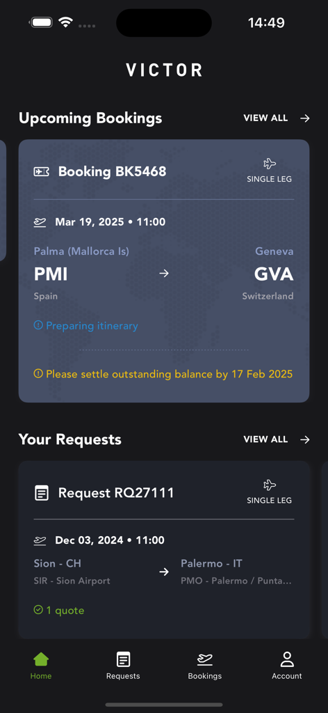 Interface of the Victor Private Jet Charter app showing upcoming flight bookings and travel requests.