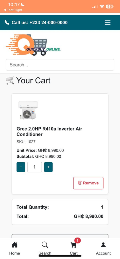 QuickBuy Online - Shopping cart screen in the QuickBuy Online app showing an air conditioner ready for purchase