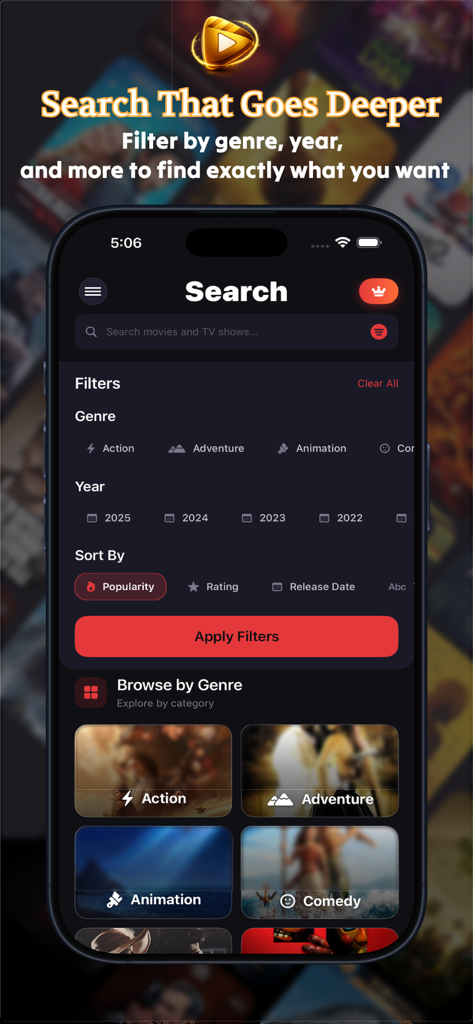 Cinema Box : Movies & Showbox - Search screen of Cinema Box app showing filters for movie genre and release year.