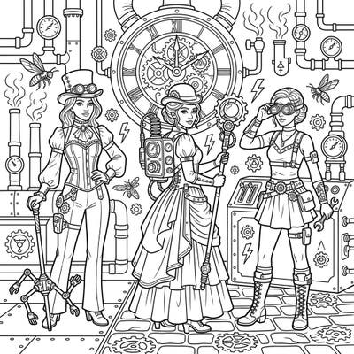 Dive into a unique world where magic meets machinery with this captivating Modern Witches Steampunk coloring page. Discover three powerful enchantresses adorned with gears, gadgets, and spellbinding charm, ready for your artistic touch.