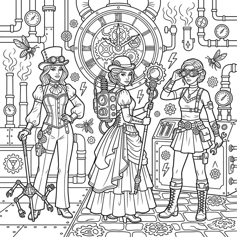 Dive into a unique world where magic meets machinery with this captivating Modern Witches Steampunk coloring page. Discover three powerful enchantresses adorned with gears, gadgets, and spellbinding charm, ready for your artistic touch.
