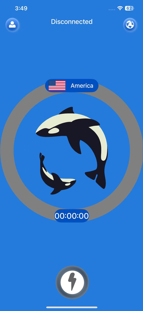 VPN - Whale ВПН Buck - Whale VPNのホーム画面。切断状態とアメリカのサーバーオプションが表示されています。