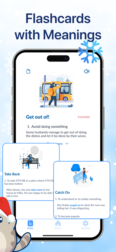 Phrasal Verb App: Learn + Play - Mobile app screen showing phrasal verb flashcards with definitions, illustrations, and example sentences for learning English.