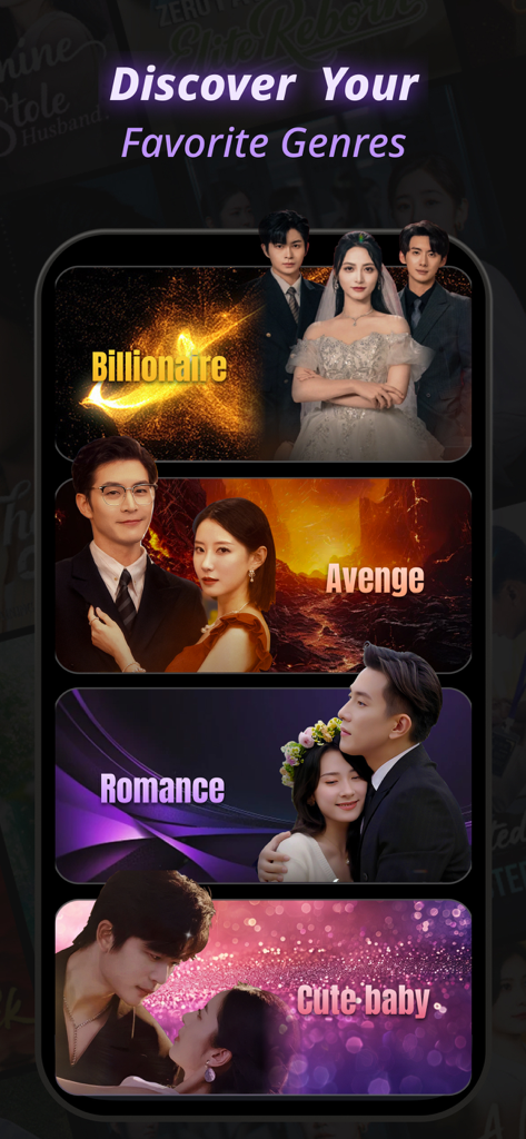 ReelyGo app interface displaying various short drama categories like Billionaire, Avenge, and Romance.