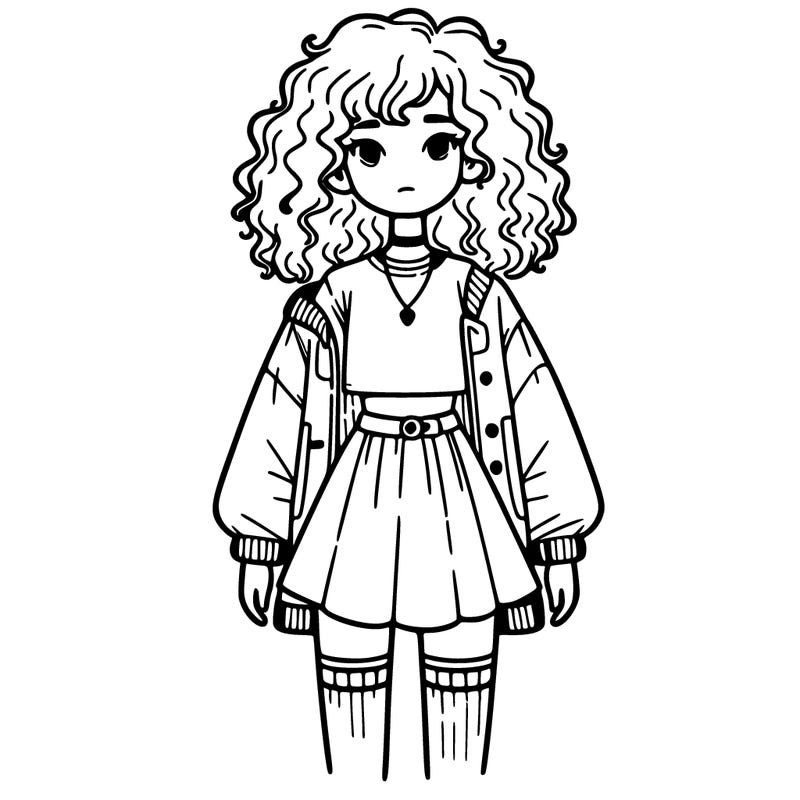 girl with curly hair, crop-top shirt and a jacket with long socks and a skirt and a necklace