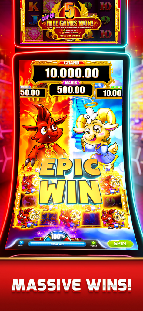 myKONAMI® Slots - Epic Win screen on a myKONAMI Slots machine featuring a grand jackpot and colorful cartoon characters.