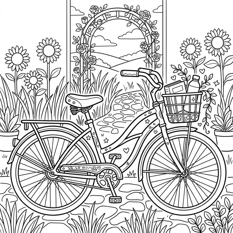 Capture the joy of a leisurely ride with this charming cruiser bike coloring page, perfectly designed as a unique bookmark. Immerse yourself in a serene garden scene, ready for your creative touch.