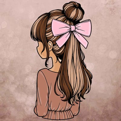 realistic girl  with hip length hair a bun and a big bow on the back of head