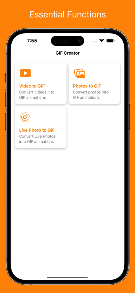 GIF Creator - Maker - Interfaz de la aplicación GIF Creator Maker que muestra opciones para convertir vídeo, fotos y live photos en GIFs