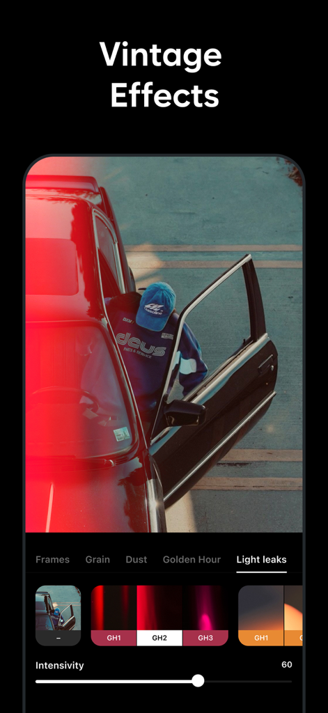 Applying vintage light leak effects to a video in the Muse app interface