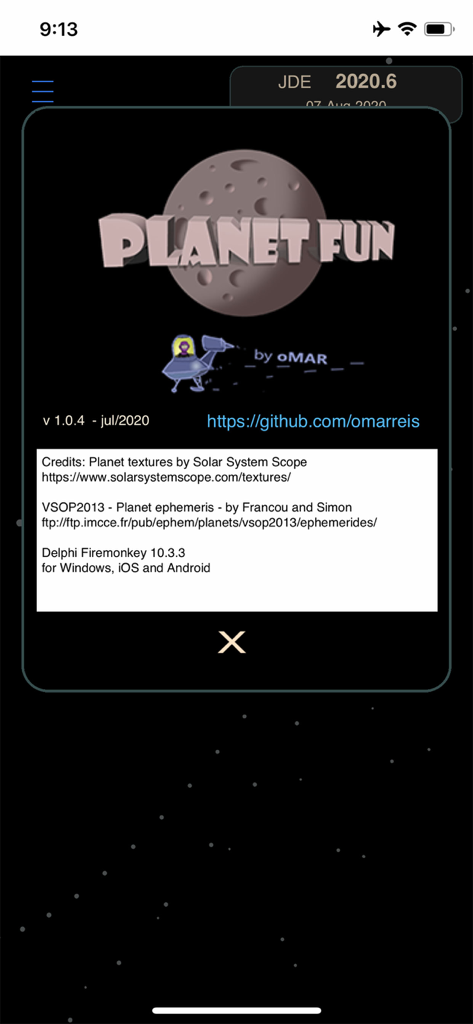 개발자 정보 및 기술 천문학 자료를 보여주는 Planet Fun 앱의 크레딧 화면