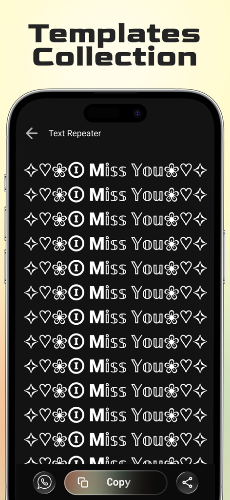Nickname Generator: Fancy Text - A smartphone screen displaying a text repeater feature with repeated stylish text and symbols for social media